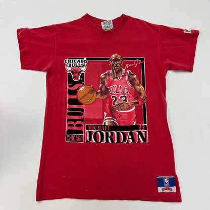 Early 90s Kids Teen Vintage Nutmeg NBA Chicago Bulls AOP Michael Jordan 23 Red Single Stitch Short Sleeve T-Shirt M 12-14Y Made in USA