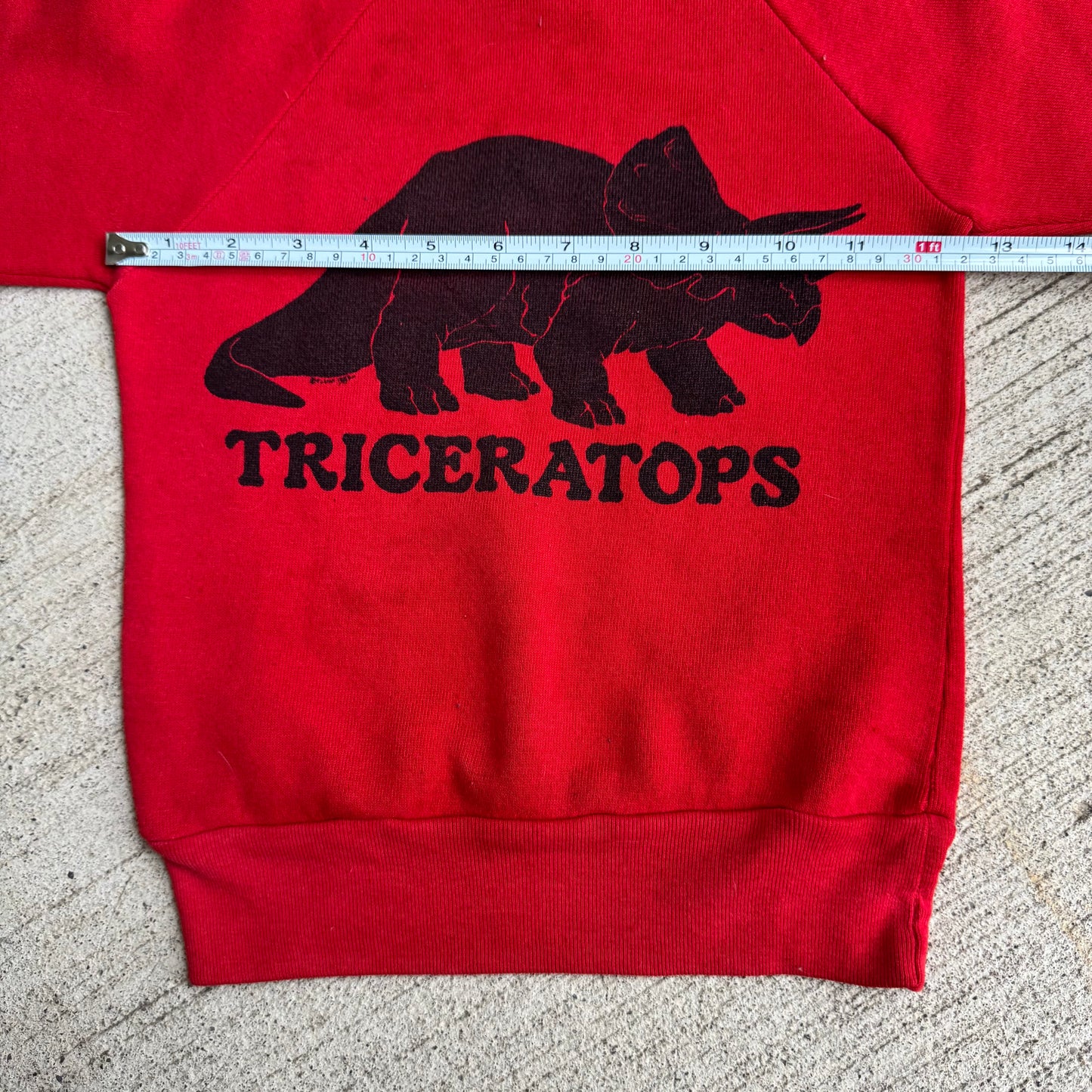80s Kids Vintage Red Signal Pullover Crew Long Sleeve Sweatshirt Triceratops Dino Print S 6Y 7Y 8Y Made in USA