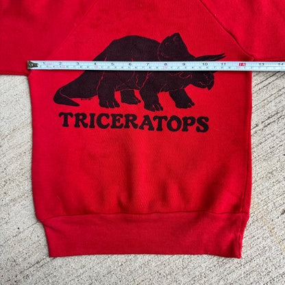 80s Kids Vintage Red Signal Pullover Crew Long Sleeve Sweatshirt Triceratops Dino Print S 6Y 7Y 8Y Made in USA