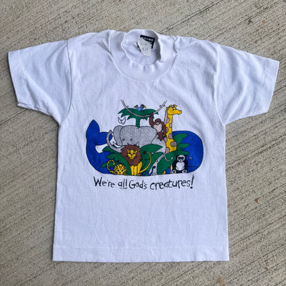 Kids Toddler Vintage We’re All God’s Creatures! White 50/50 Single Stitch T-Shirt 6-8Y Made in USA