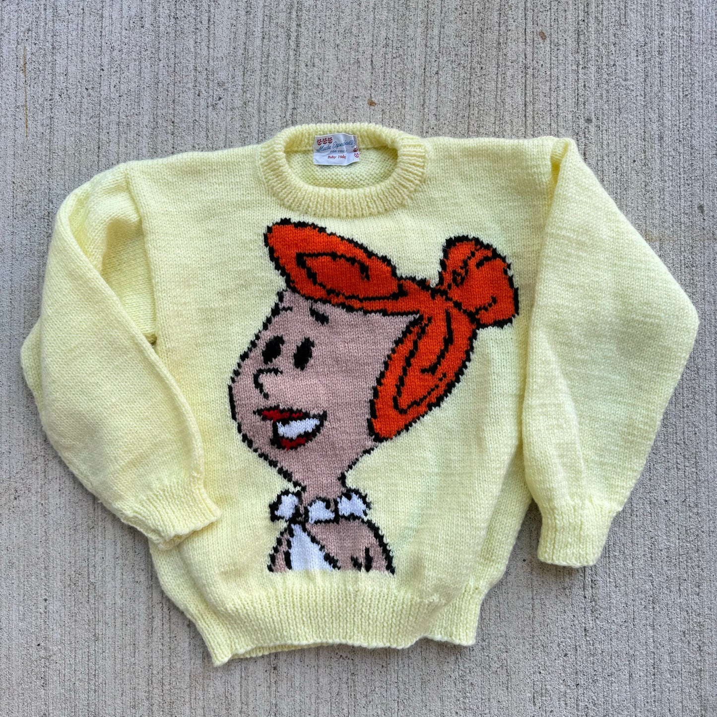 Kids Vintage Child Light Yellow Big Elma Flinstone Character Hand Made Knit Sweater 6Y 7Y 8Y Tiny Adult