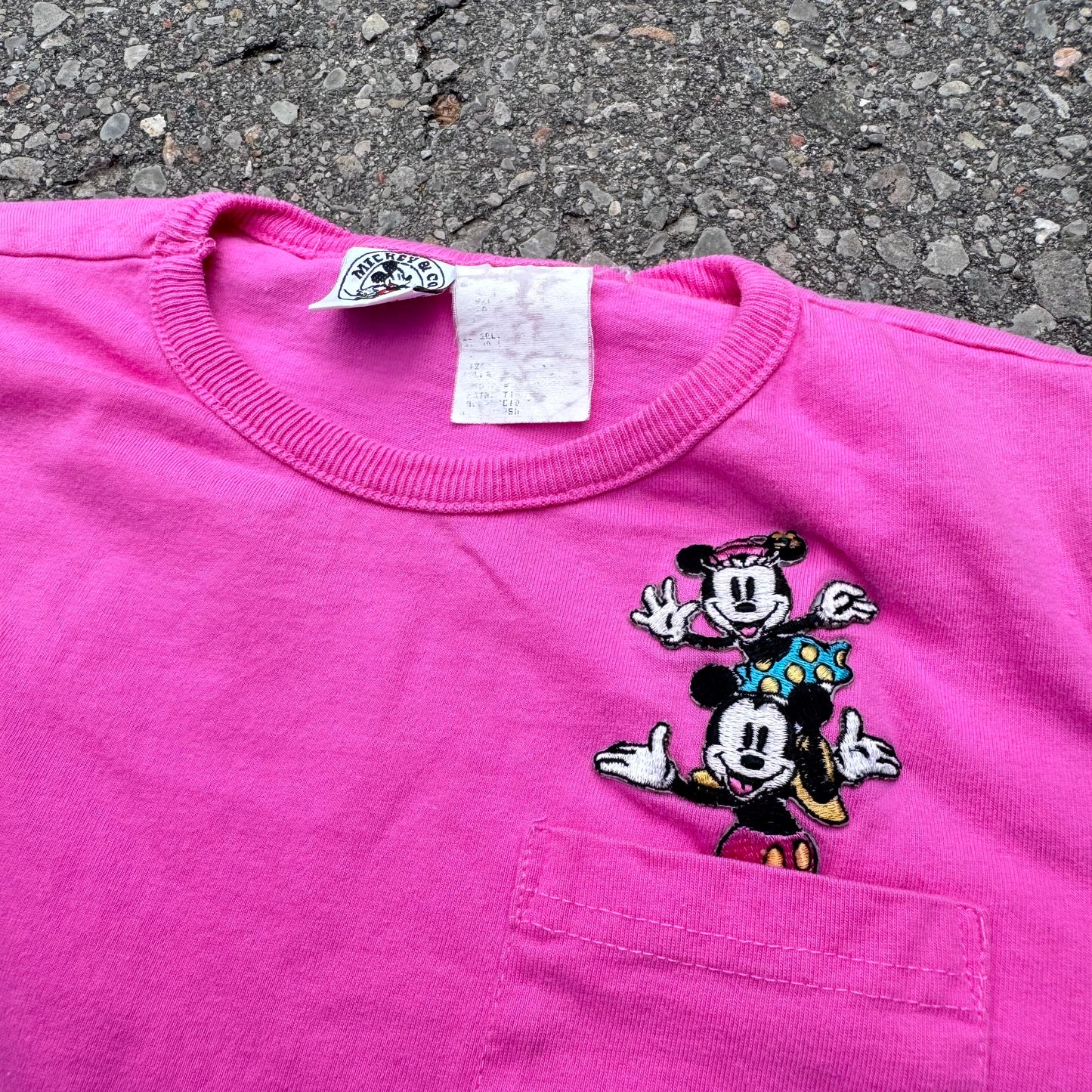 90s Kids Toddler Vintage Mickey Pink Shirt Sleeve T-Shirt With Pocket Embroidered 3Y 4Y 5Y