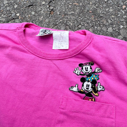 90s Kids Toddler Vintage Mickey Pink Shirt Sleeve T-Shirt With Pocket Embroidered 3Y 4Y 5Y