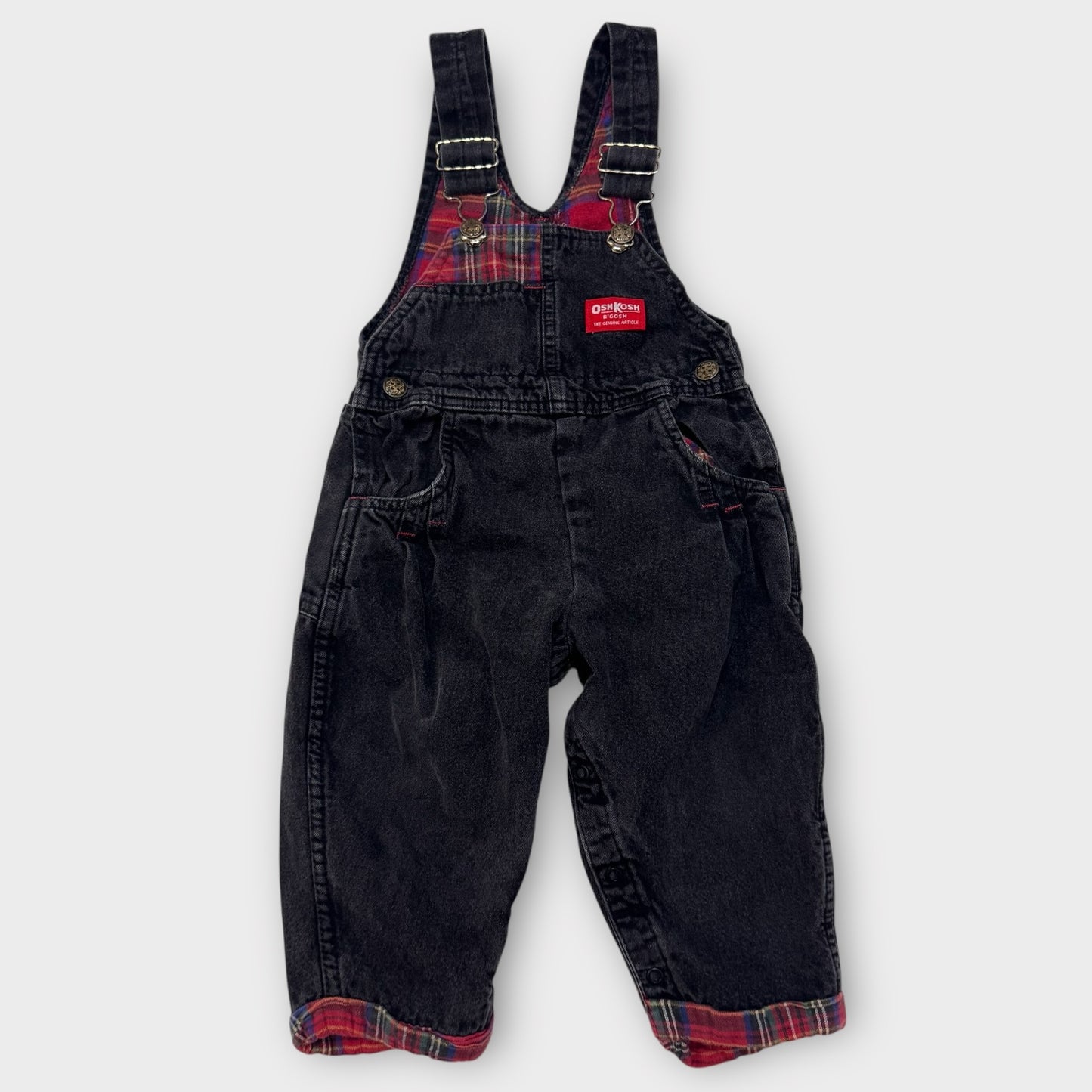 Kids Toddler Vintage Oshkosh B’Gosh Vestbak Black Denim Lined Flannel Plaid Overall 3T Made in USA