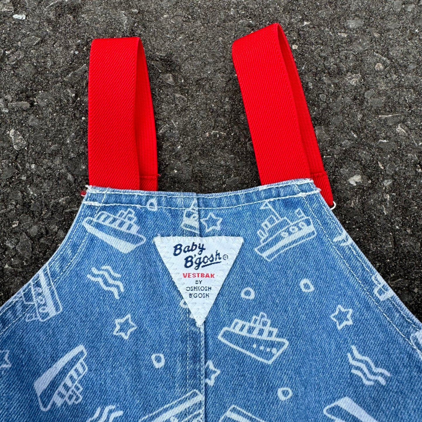 Vintage Kids Oshkosh Denim Sailboats Shortalls With Elastic Shoulder Straps( Suspender) 6/9mns