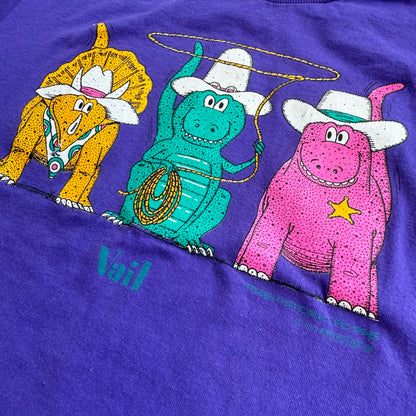 90s 1993 Kids Youth Vintage Prehistoric Posses Dinosaur 50/50 Purple T-Shirt 7Y 8Y 9Y Made in USA