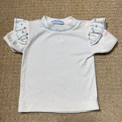 90s Kids Toddler Infant Vintage Baby B’Gosh Oshkosh 2 Piece Set Turquoise Overall White Ruffle T-shirt With Floral Accents /6m 9m / Made in USA