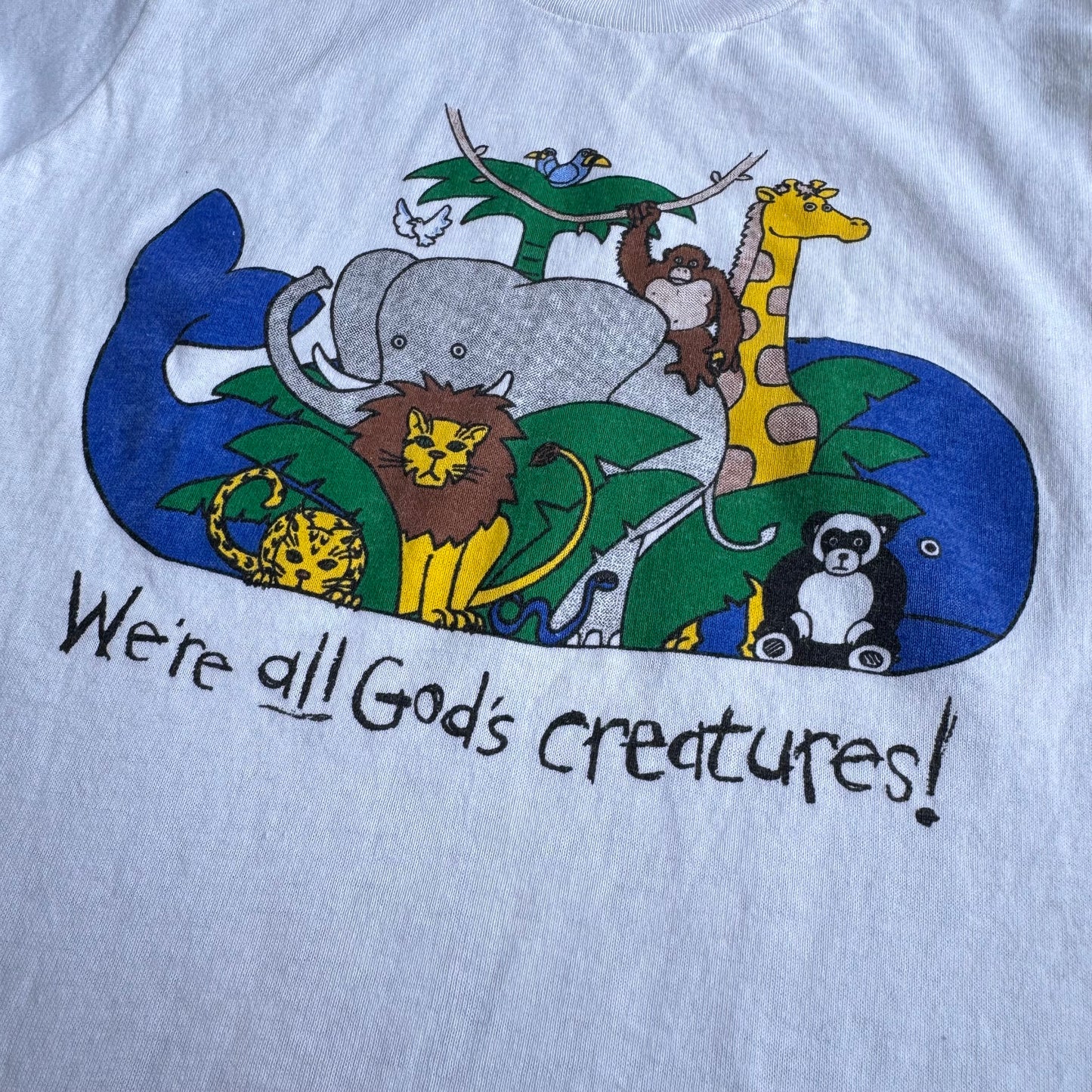 Kids Toddler Vintage We’re All God’s Creatures! White 50/50 Single Stitch T-Shirt 6-8Y Made in USA