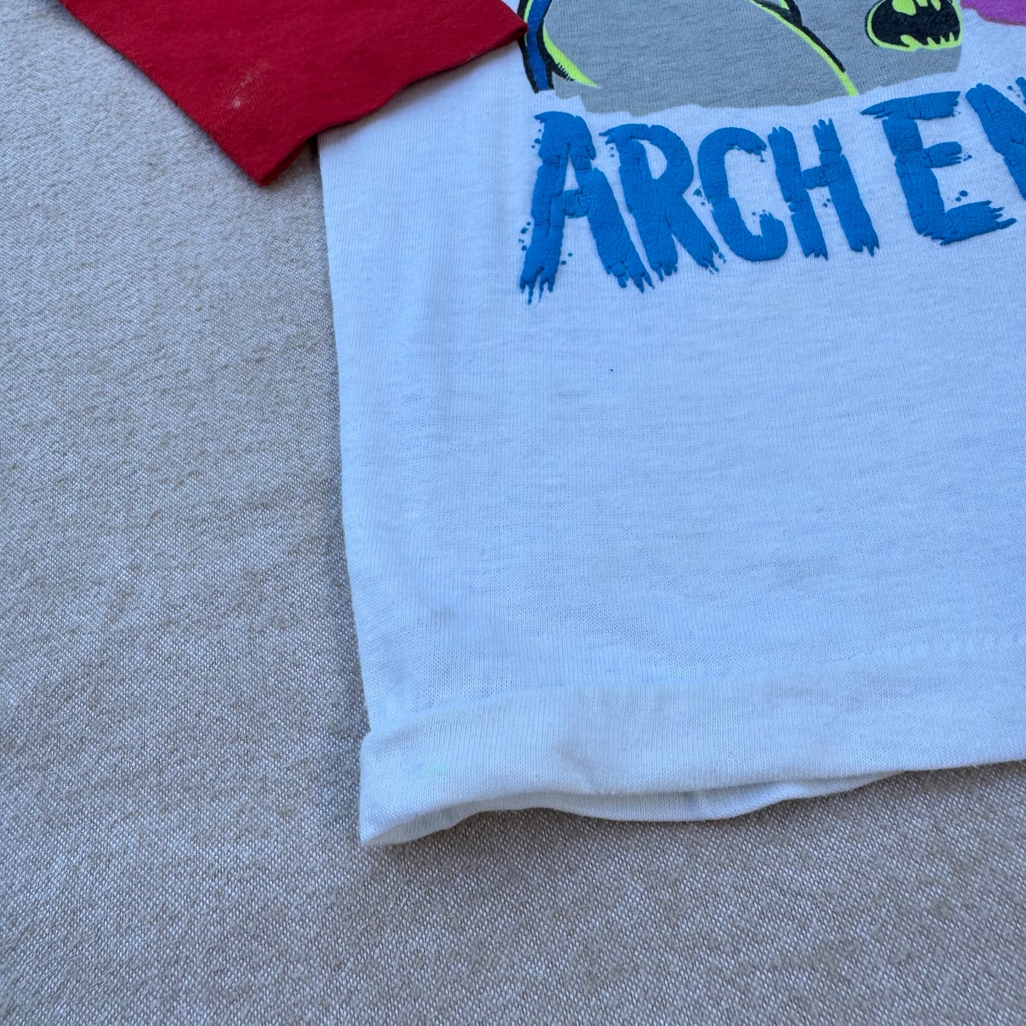 80s Kids Vintage DC Comics Batman Joker Arch Enemies Raglan 3/4 Sleeve White/Red Shirt 7Y 8Y Made in USA