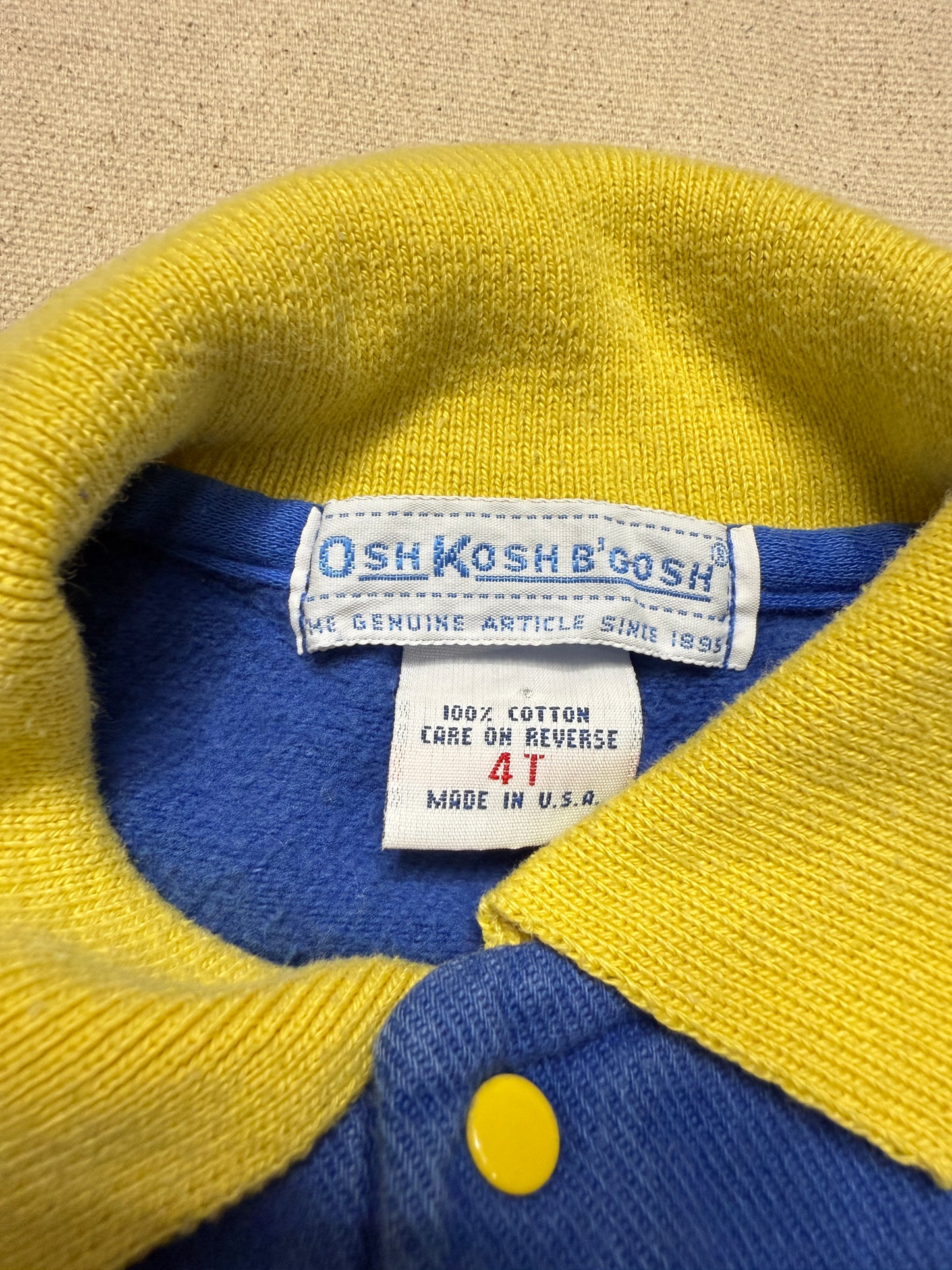 80s 90s Kids Toddler Vintage Oshkosh Bgosh Blue Yellow Snap Collared Longsleeve Cotton Top / 3T 4T / Made in USA