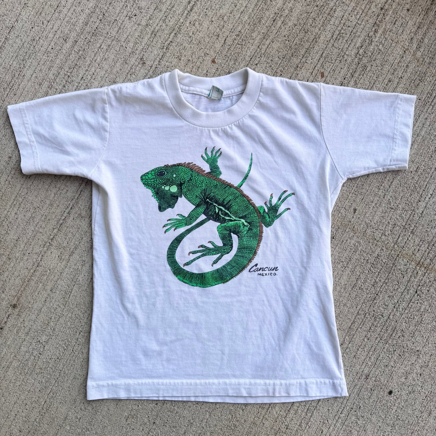 Early 2000s Kids Vintage Iguana Lizard Cancun Mexico White T-Shirt 10Y