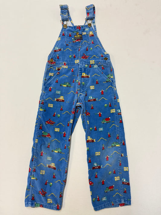 90s Kids Toddler Vintage Oshkosh Bgosh Construction Trucks AOP Blue Corduroy Overall / 5T 6y