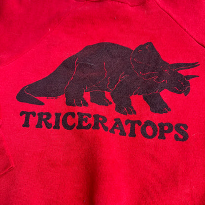 80s Kids Vintage Red Signal Pullover Crew Long Sleeve Sweatshirt Triceratops Dino Print S 6Y 7Y 8Y Made in USA