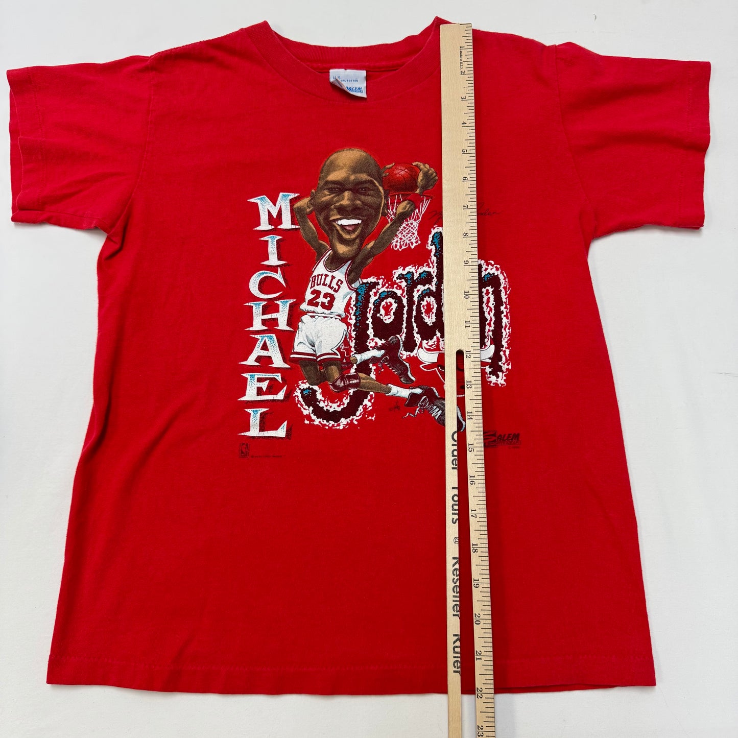 1990 Kids Vintage Michael Jordan Dunk Cartoon NBA Chicago Bulls Red Single Stitch Short Sleeve T-Shirt 14Y 16Y