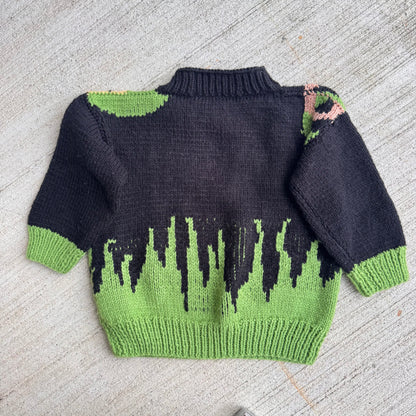 Kids Vintage Hand Knit Monkey With Green Button Eyes Black Pullover Sweater 6Y 7Y 8Y