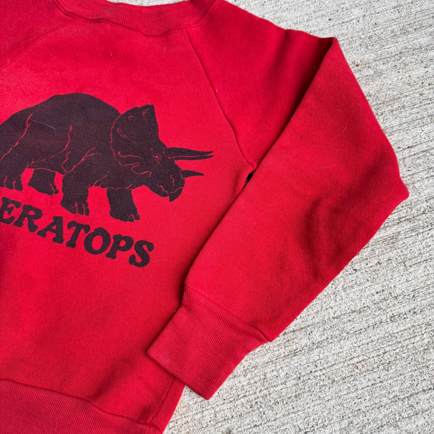 80s Kids Vintage Red Signal Pullover Crew Long Sleeve Sweatshirt Triceratops Dino Print S 6Y 7Y 8Y Made in USA