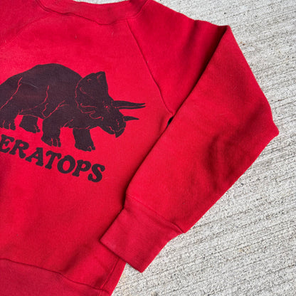 80s Kids Vintage Red Signal Pullover Crew Long Sleeve Sweatshirt Triceratops Dino Print S 6Y 7Y 8Y Made in USA
