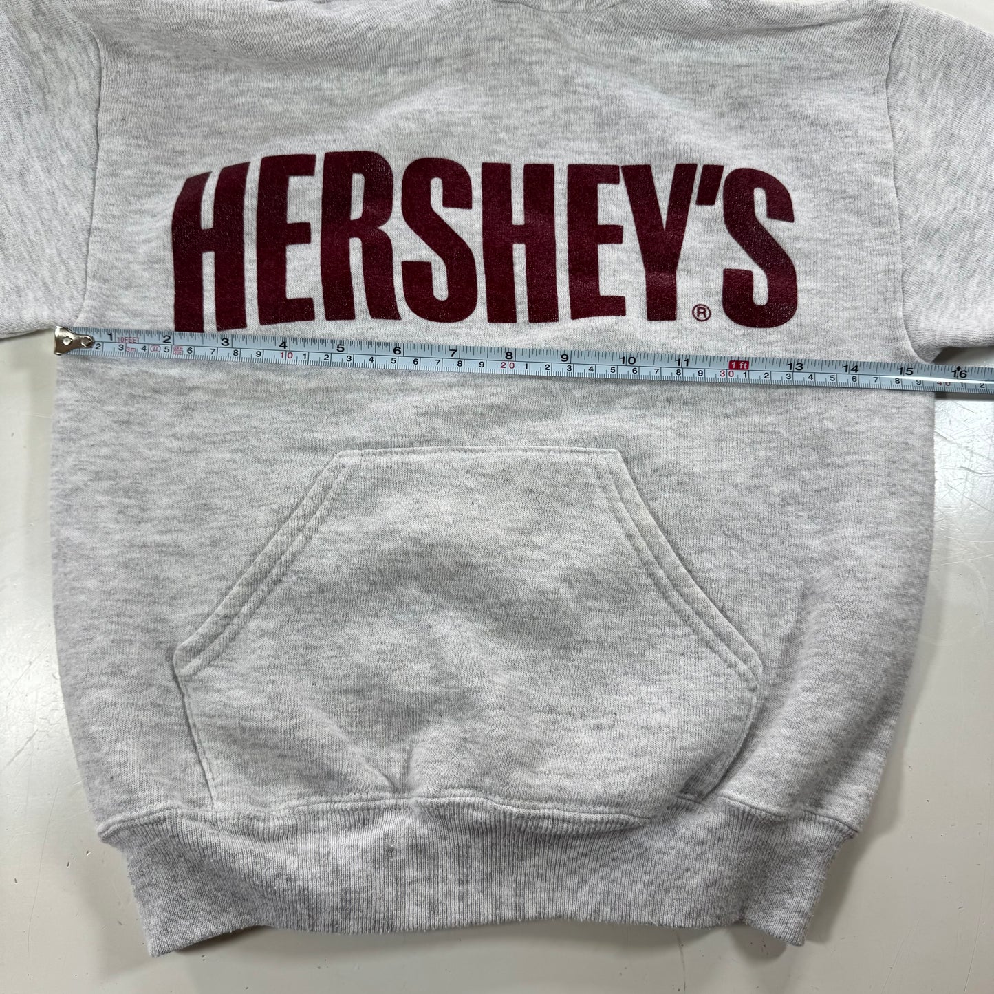 90s Kids Russell Light Gray Hooded Pullover Sweatshirt Hershey Big Logo M 10Y 11Y 12Y Made is USA