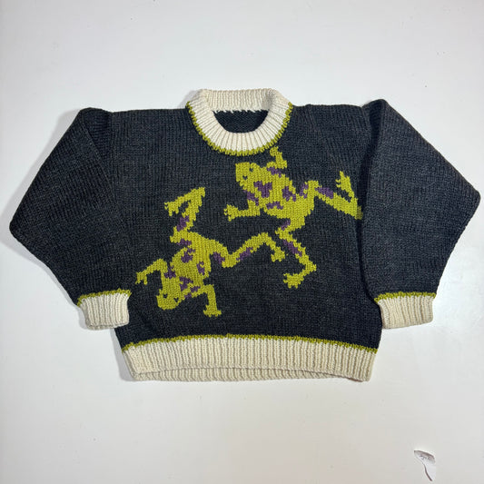 Kids Toddler Vintage Hand Knit Pullover Dark Gray AOP Cute Frogs Print 4Y 5Y 6Y