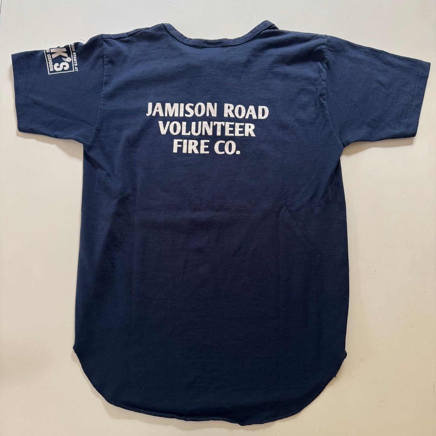 90s Kids Teens Vintage Eagle USA  Yankees Jamieson Road Volunteer Fire Co. Short Sleeve Navy T-Shirt L 14Y 15Y 16Y XS Adult Made in USA