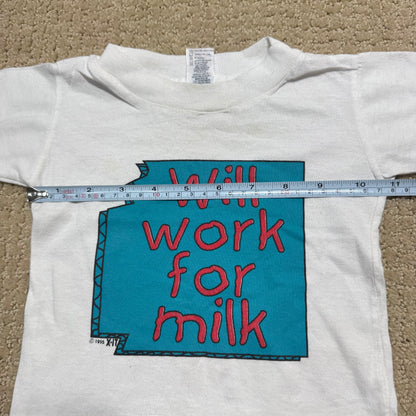 1995 90s Infant Baby Tee “Will Work For Milk” White Single Stitch Short Sleeve T-Shirt 18 months Made in USA