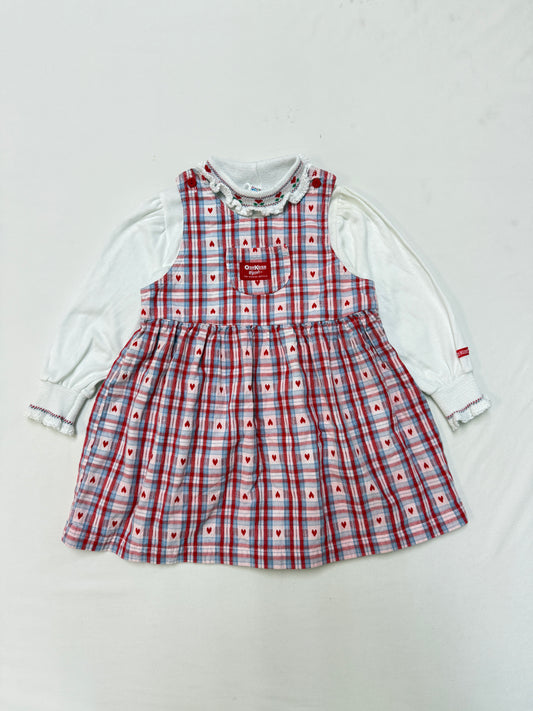 90s Kids Toddler Vintage Oshkosh Bgosh Heart AOP Check Dress and Floral Print Longsleeve Top 2pc Set  set