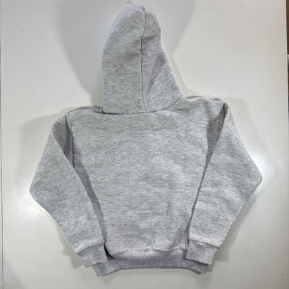 90s Kids Russell Light Gray Hooded Pullover Sweatshirt Hershey Big Logo M 10Y 11Y 12Y Made is USA