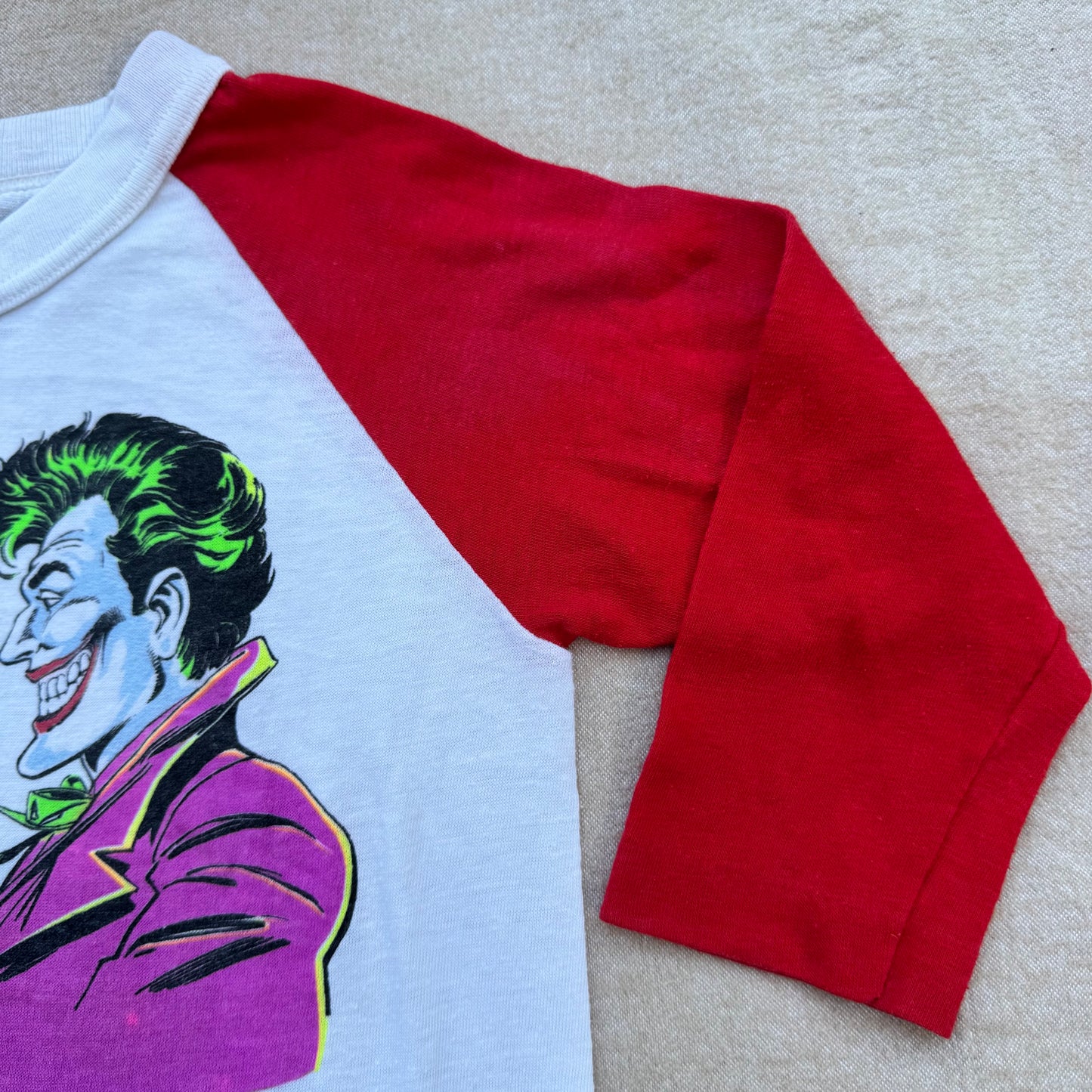 80s Kids Vintage DC Comics Batman Joker Arch Enemies Raglan 3/4 Sleeve White/Red Shirt 7Y 8Y Made in USA