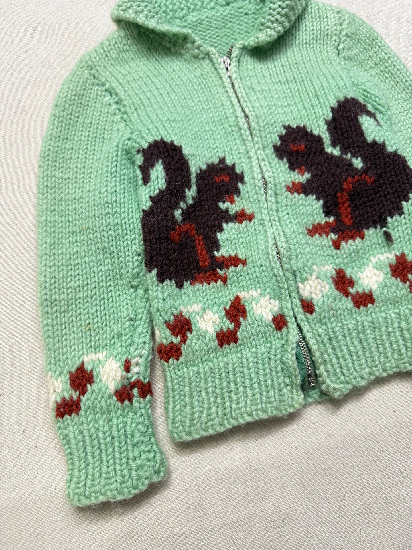 50s 60s Kids Toddler Vintage Mint Green Squirrel Lightning Zipper Cowichan Sweater / 3T 4T 5T