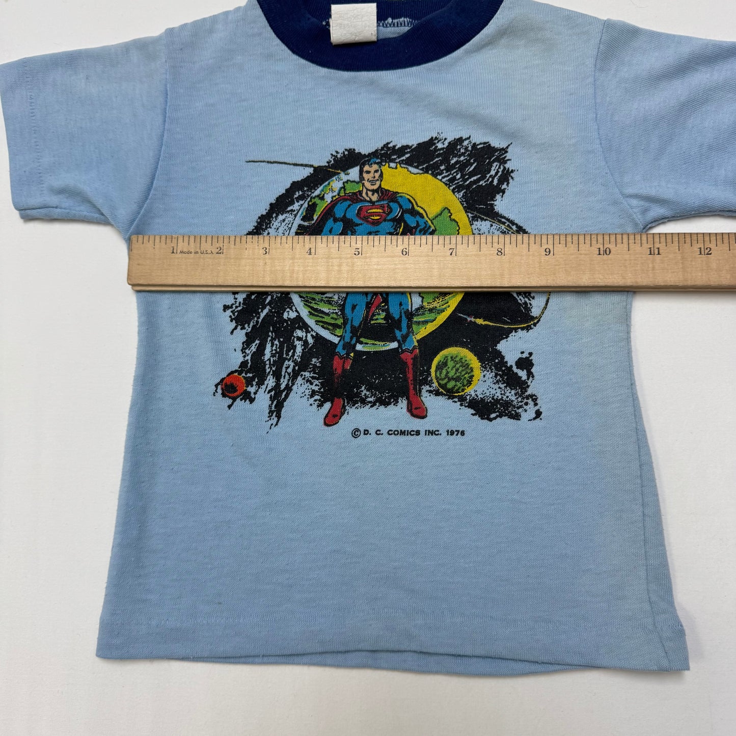 70s Kids Toddler Vintage DC Comics Superman Light Blue Short Sleeve Single Stitch Sears T-Shirt 4/5Y