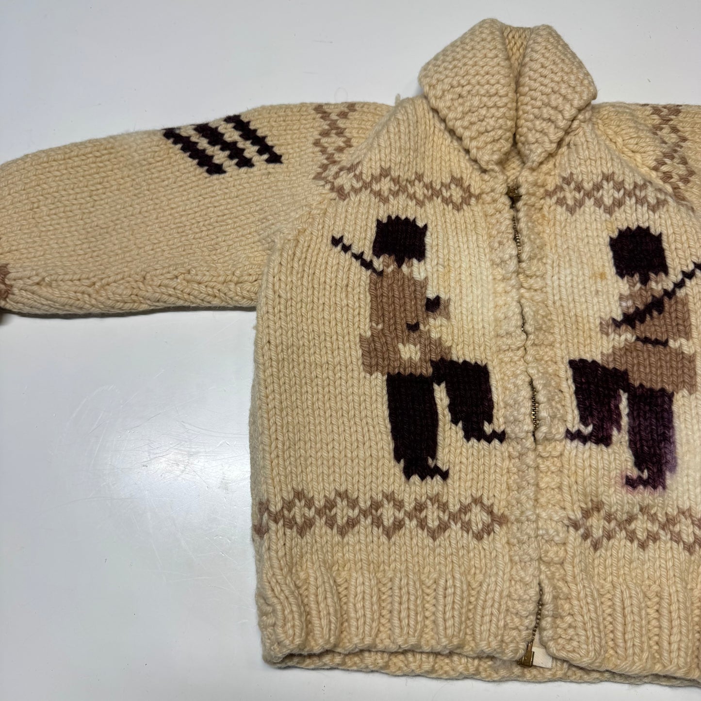 50s 60s Kids Toddler Vintage Beige Brown Royal Guard Heavy Talon Zipper Cowichan Sweater / 2Y 3Y 4Y