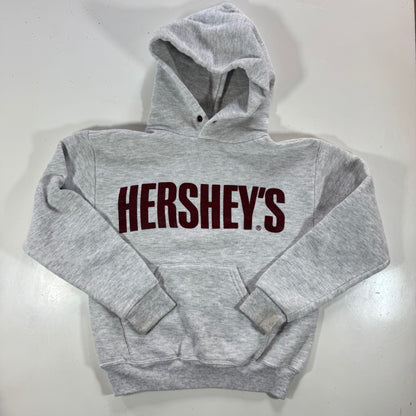 90s Kids Russell Light Gray Hooded Pullover Sweatshirt Hershey Big Logo M 10Y 11Y 12Y Made is USA
