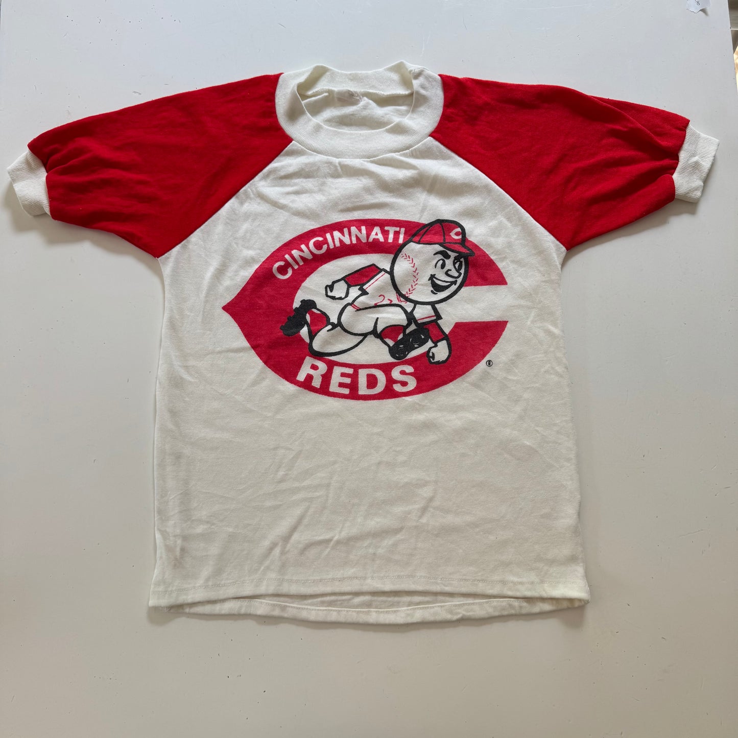 80s Kids Vintage MLB Cincinnati Reds Short Sleeve Off White Red T-Shirt 10Y 11Y 12Y