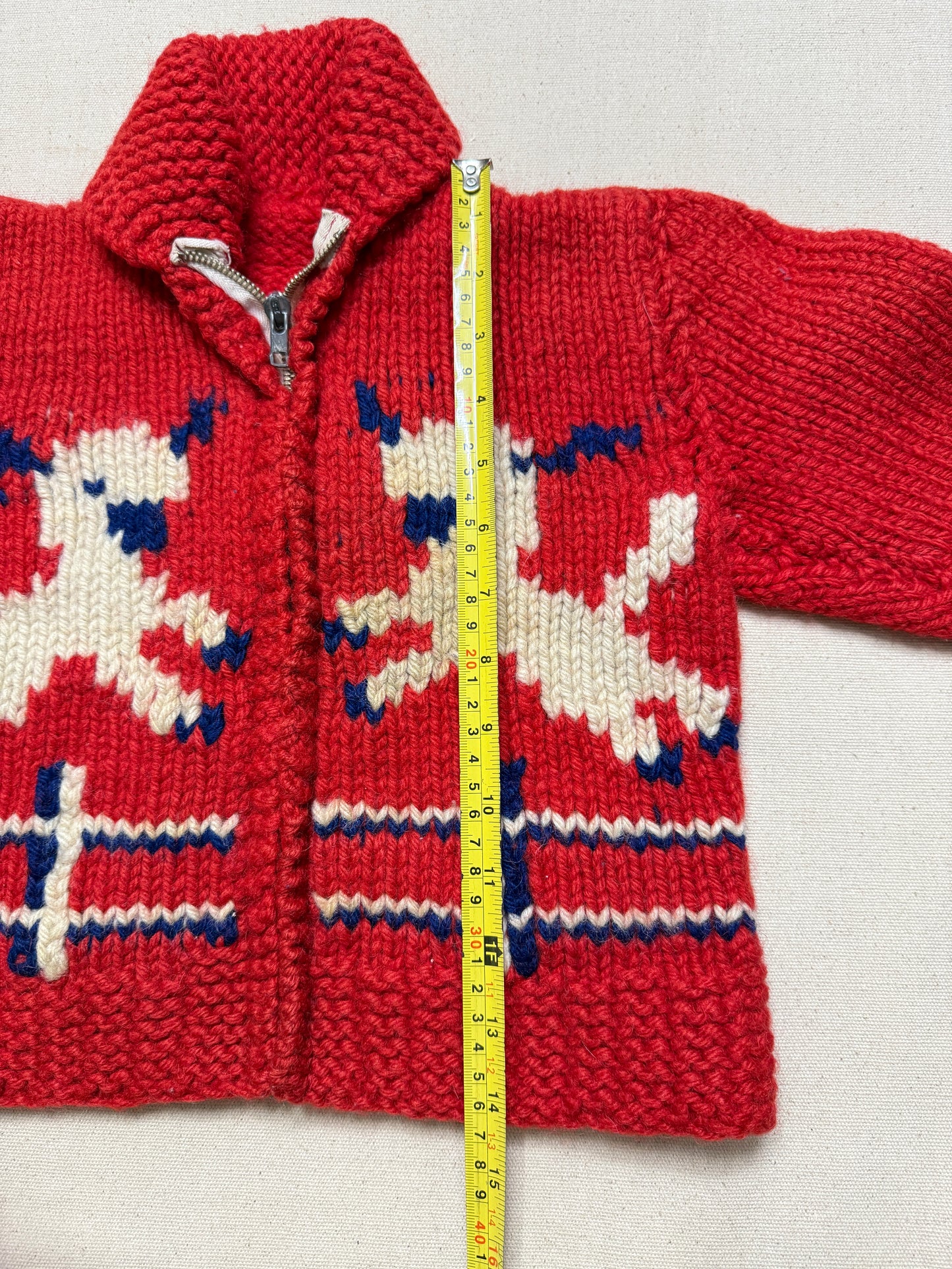 50s 60s Kids Toddler Vintage Lamb Emboridered Red Flash Zipper Shawl Collar Cowichan Sweater / 4T 5y 6y