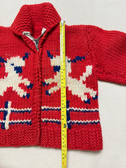 50s 60s Kids Toddler Vintage Lamb Emboridered Red Flash Zipper Shawl Collar Cowichan Sweater / 4T 5y 6y