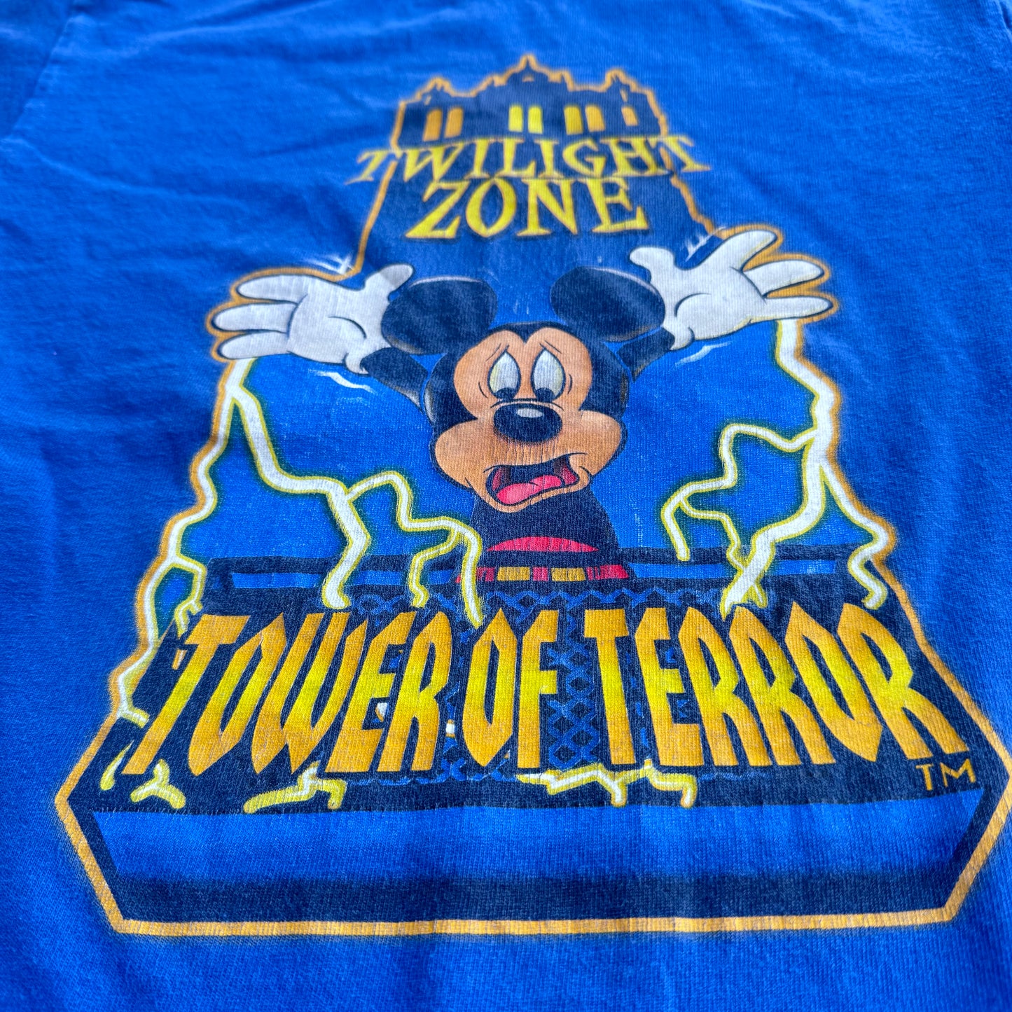 Kids Vintage Disney Mickey Mouse Tower Of Terror Blue Short Sleeve 100% Cotton T-Shirt Made in USA M