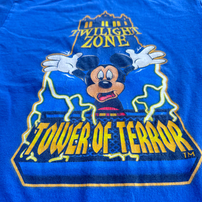 Kids Vintage Disney Mickey Mouse Tower Of Terror Blue Short Sleeve 100% Cotton T-Shirt Made in USA M