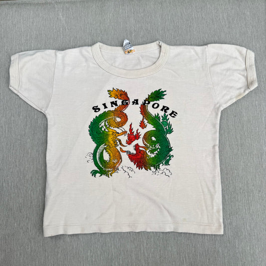 70s Kids Vintage Singapore Dragons Print on a Beige Short Sleeve T-Shirt 5Y 6Y