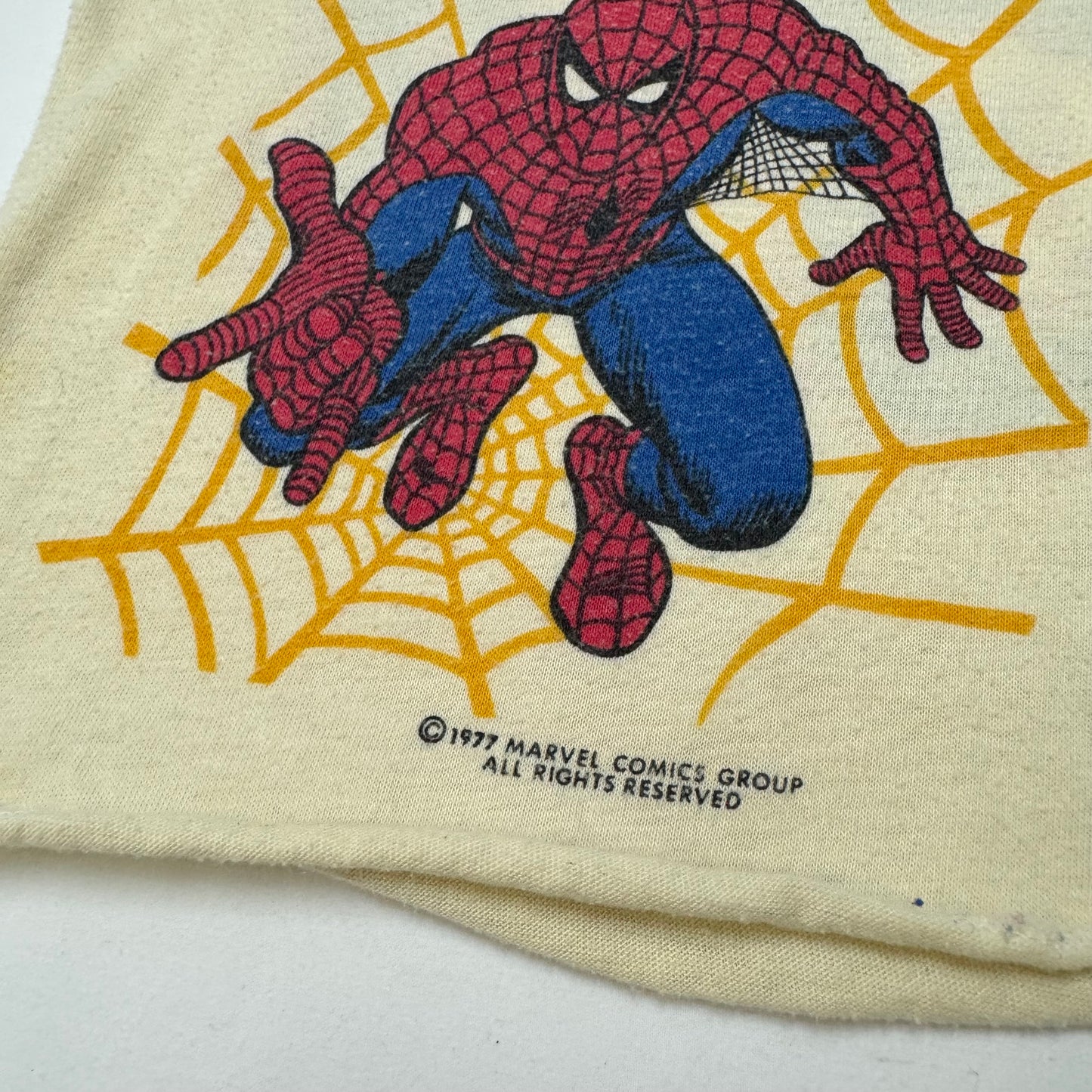 1977 Kids Baby Vintage Marvel The Amazing Spiderman Double Sided Raglan Light Yellow 3/4 Sleeve Single Stitch T-Shirt 2T 3T Made in USA
