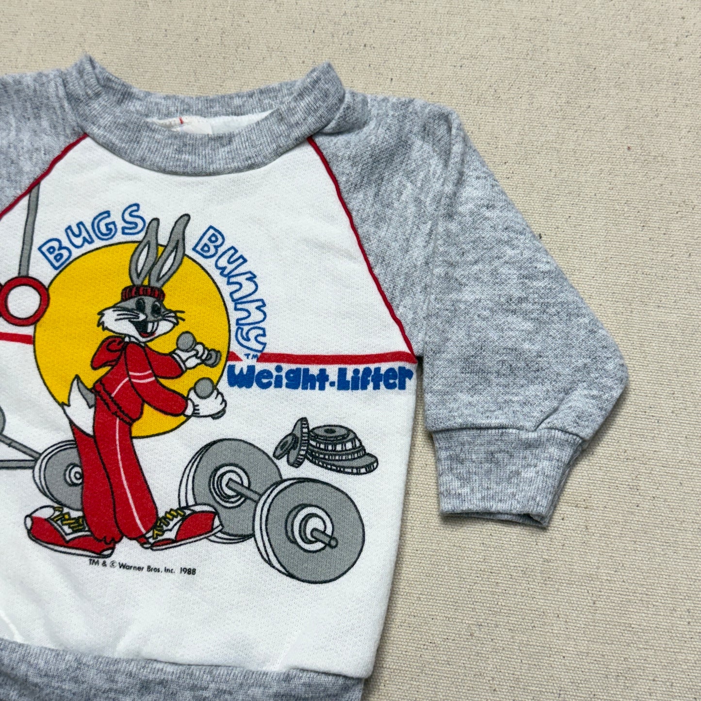 1988 80s Kids infant Baby Vintage Bugs Bunny Weight-Lifter Gray Raglan Sleeve Sweatshirt / 0m 3m 6m