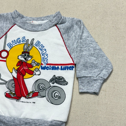 1988 80s Kids infant Baby Vintage Bugs Bunny Weight-Lifter Gray Raglan Sleeve Sweatshirt / 0m 3m 6m