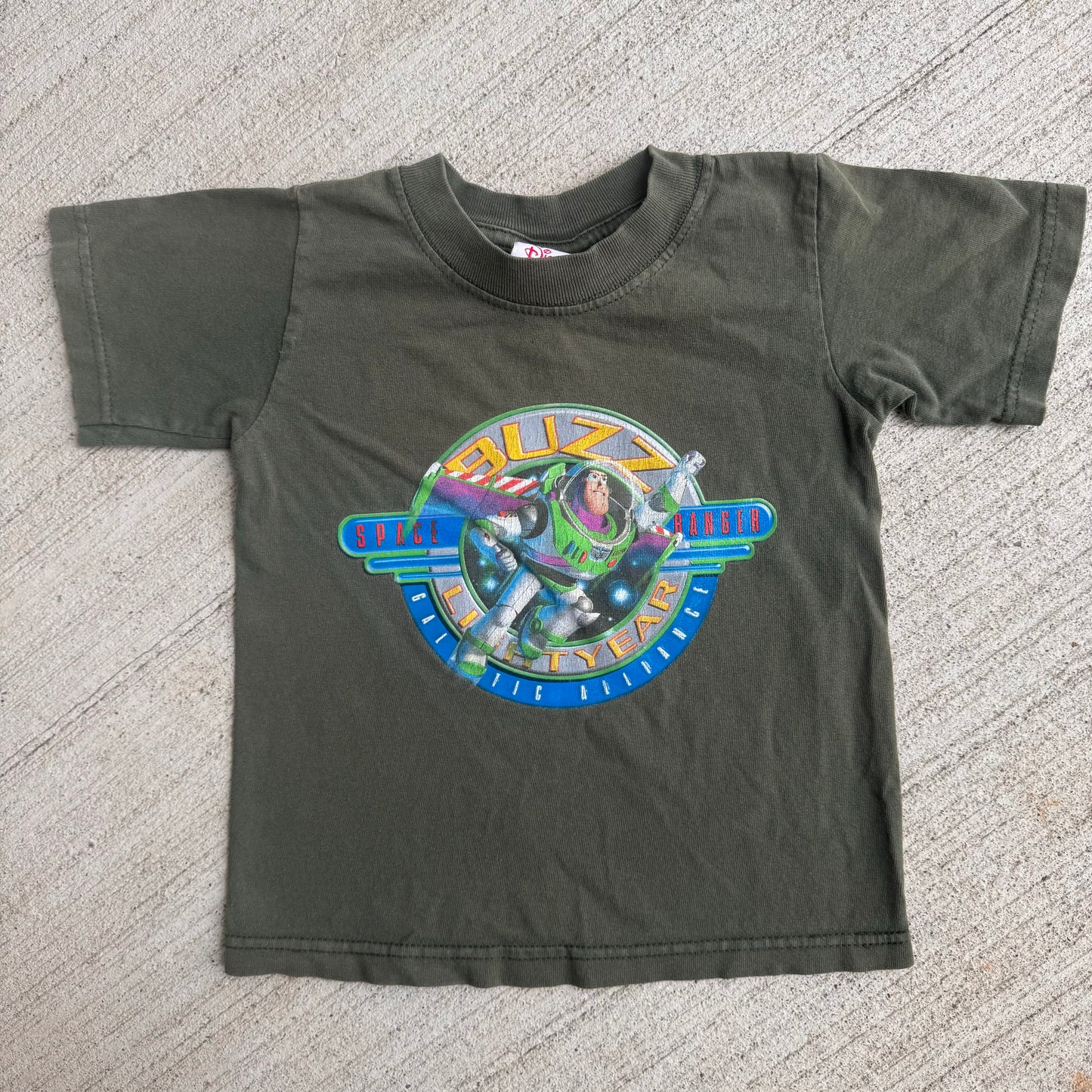 90s Kids Vintage Toddler Buzz Lightyear Army Green 100% Cotton T-Shirt 2Y 3Y 4Y