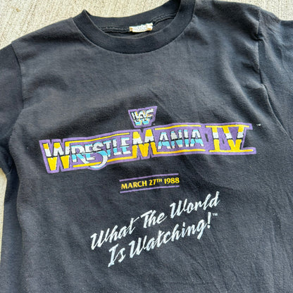 1988 Kids Youth Small Vintage WWF Wrestlemania IV Black 50/50 T-Shirt Made In USA Size S 11Y 12Y 13Y