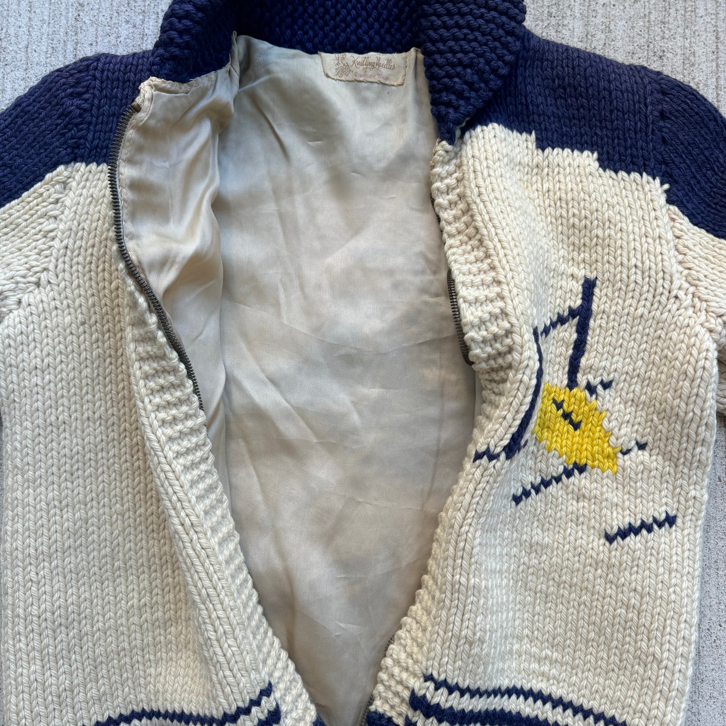 Vintage Kids Youth Cream Lined Cowichan Zip Wool Cardigan #66 Football Player 8Y 9Y 10Y