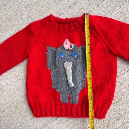 Baby Toddler Vintage Elephant Hand Knit Red Pullover Sweater 18mns 2Y