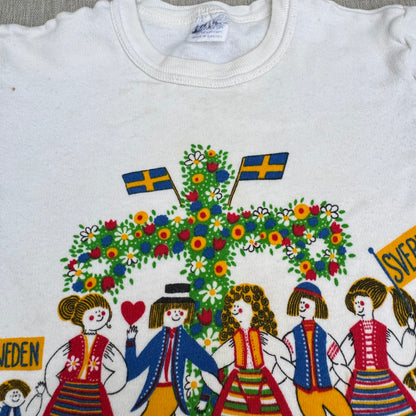 70s Kids Vintage Sweden Cute Print Design Off White Short Sleeve T-Shirt Made in Sweden 3Y 4Y 5Y
