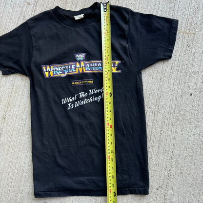 1988 Kids Youth Small Vintage WWF Wrestlemania IV Black 50/50 T-Shirt Made In USA Size S 11Y 12Y 13Y