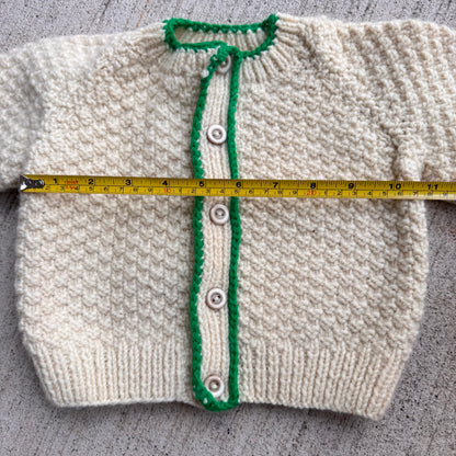 Baby Toddler Vintage Hand Knit Cream Cardigan With Green Details Irish Style Knit 12mns 1Y 18mns 24mns 2Y