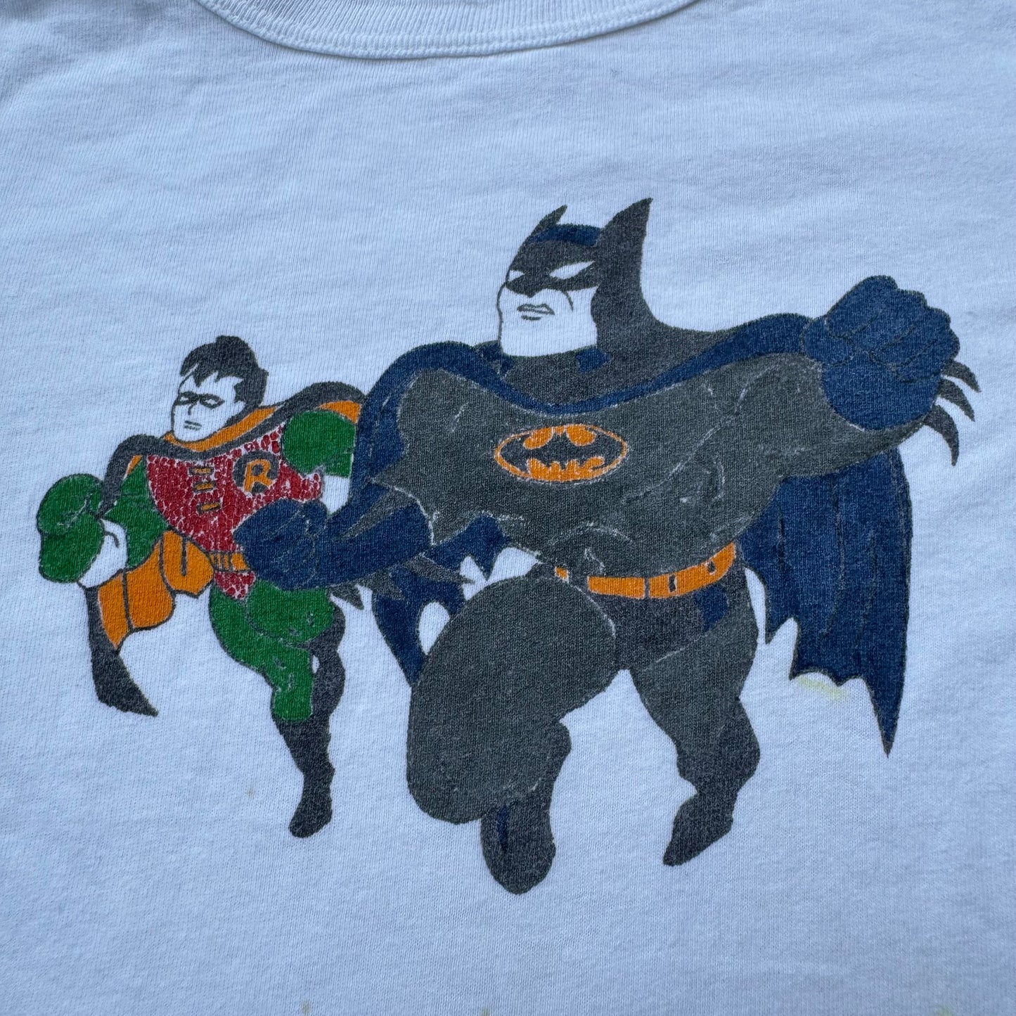 70s 80s Kids Vintage Batman and Robyn Cartoon Print White Short Single Stitch T-Shirt 3Y 4Y 5Y