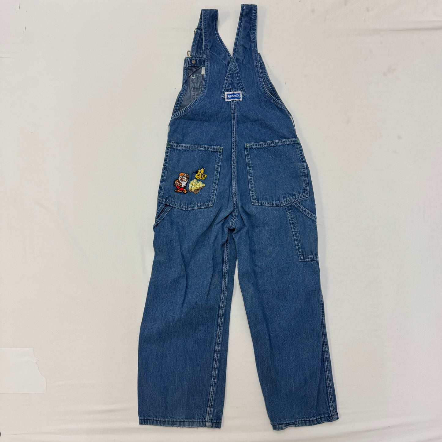 70s Kids Vintage Big Smith Blue Denim Long Pant Overalls With adjustable Straps Cute Patches Front And Back 5Y 6Y Made in USA